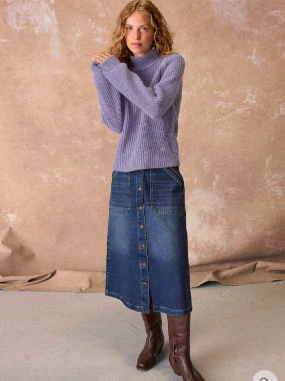 WRAP London Button Front Denim Midi Skirt in Caribbean Blue Wash Size 14 NWOT
